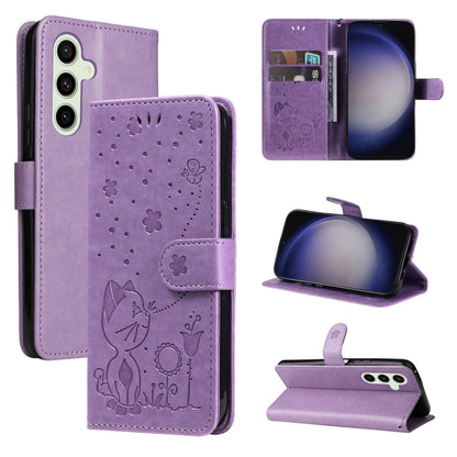 For Samsung Galaxy S25+ / S24+ 5G Cat and Bee Embossed Flip Leather Phone Case(Purple) by buy2fix