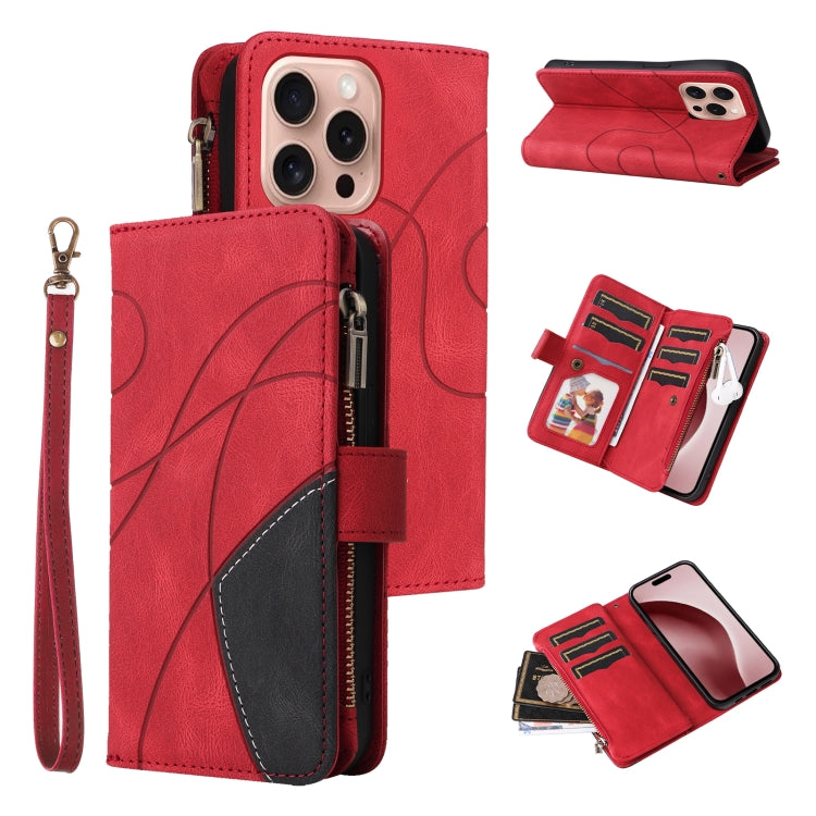 For iPhone 16 Pro Dual-color 9 Card Slots Zipper Wallet Leather Phone Case(Red) by buy2fix