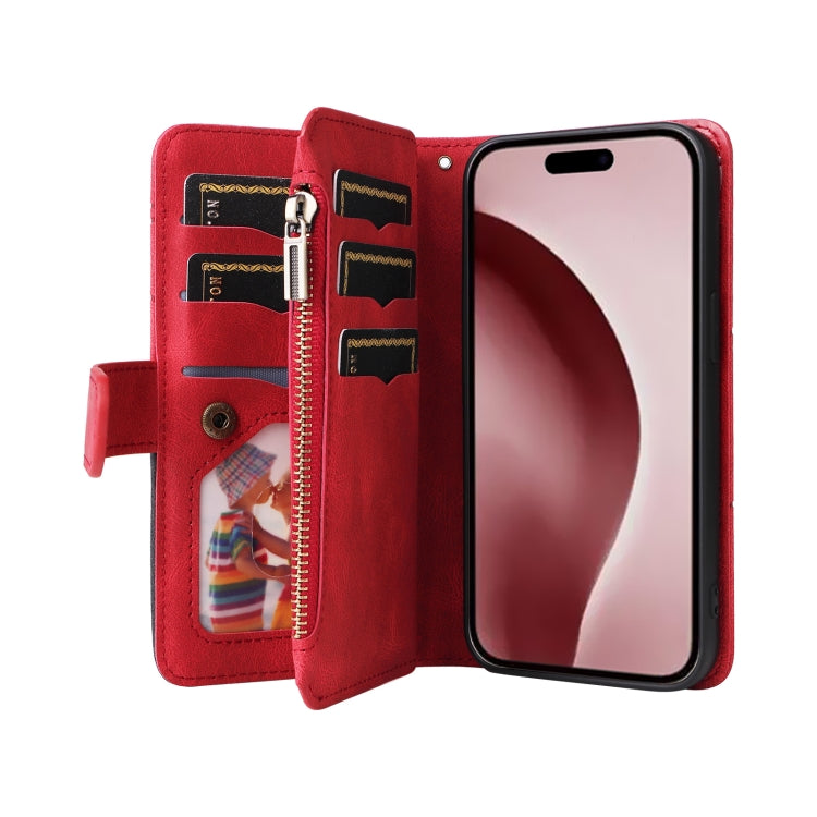 For iPhone 16 Pro Dual-color 9 Card Slots Zipper Wallet Leather Phone Case(Red) by buy2fix