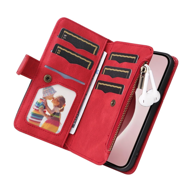 For iPhone 16 Pro Dual-color 9 Card Slots Zipper Wallet Leather Phone Case(Red) by buy2fix