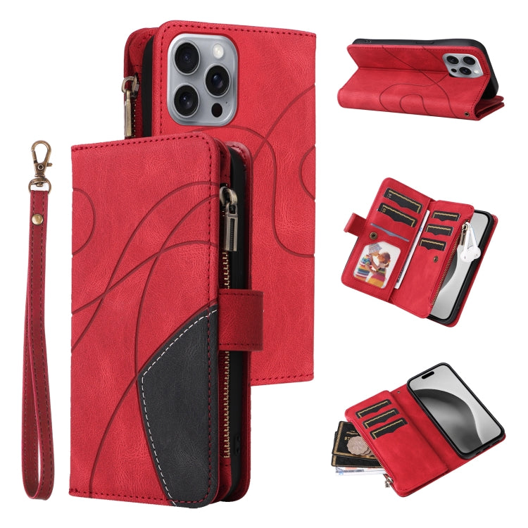 For iPhone 16 Pro Max Dual-color 9 Card Slots Zipper Wallet Leather Phone Case(Red) by buy2fix