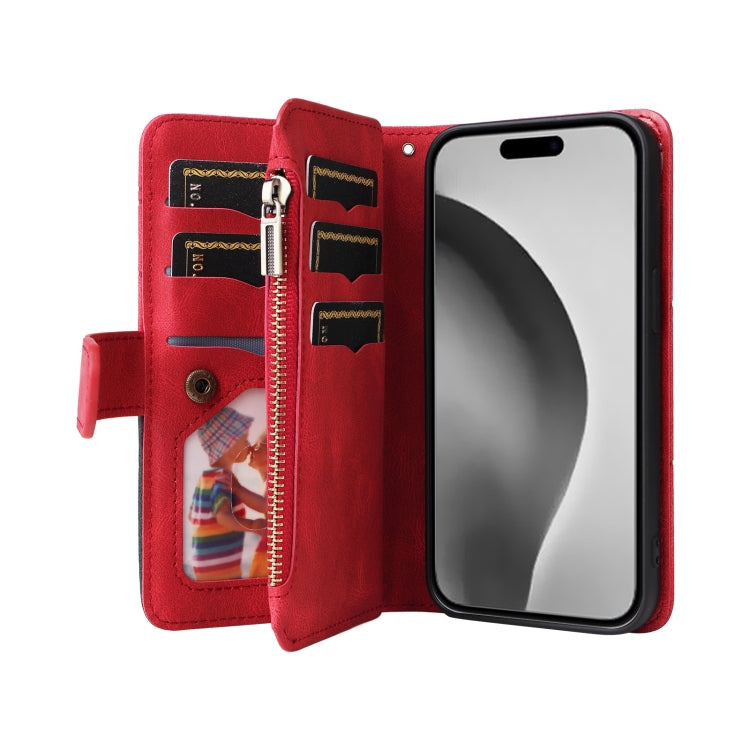 For iPhone 16 Pro Max Dual-color 9 Card Slots Zipper Wallet Leather Phone Case(Red) by buy2fix