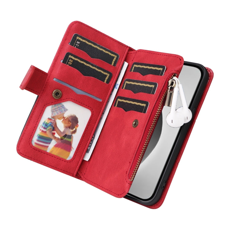 For iPhone 16 Pro Max Dual-color 9 Card Slots Zipper Wallet Leather Phone Case(Red) by buy2fix