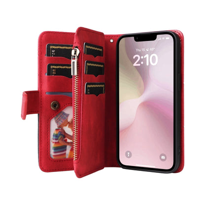 For iPhone 16e Dual-color 9 Card Slots Zipper Wallet Leather Phone Case(Red) by buy2fix