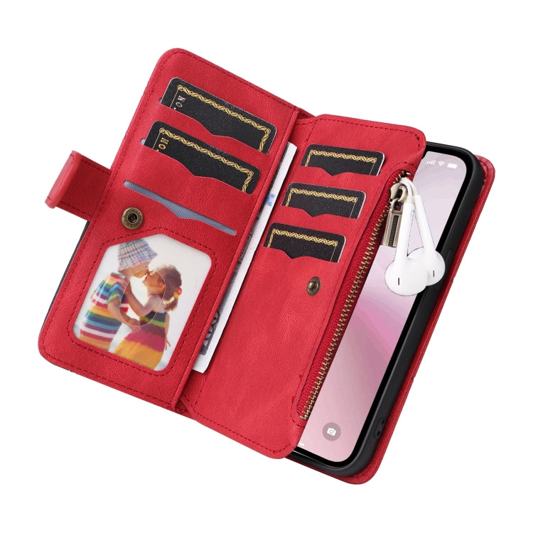 For iPhone 16e Dual-color 9 Card Slots Zipper Wallet Leather Phone Case(Red) by buy2fix