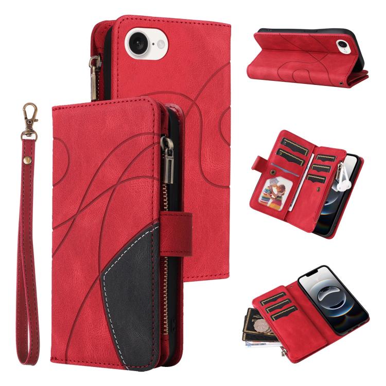 For iPhone 16e Dual-color 9 Card Slots Zipper Wallet Leather Phone Case(Red) by buy2fix