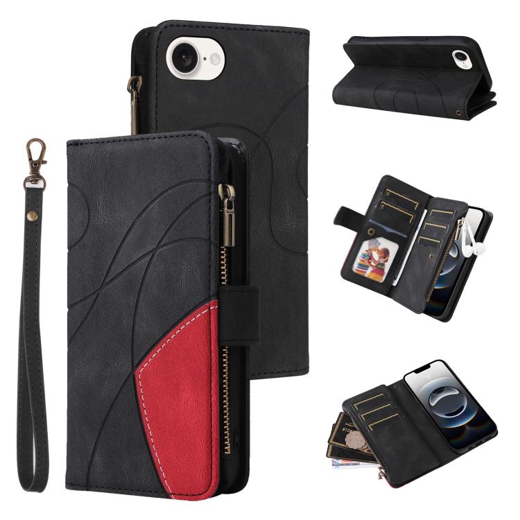 For iPhone 16e Dual-color 9 Card Slots Zipper Wallet Leather Phone Case(Black) by buy2fix