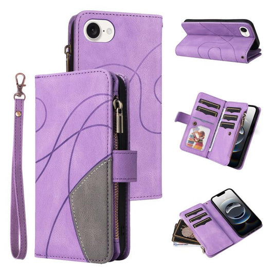 For iPhone 16e Dual-color 9 Card Slots Zipper Wallet Leather Phone Case(Purple) by buy2fix