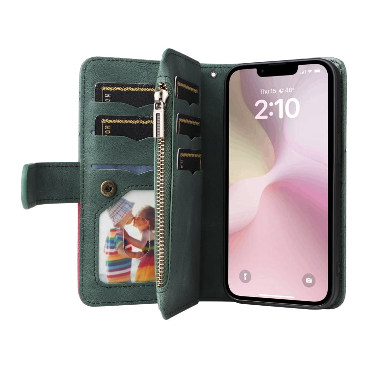 For iPhone 16e Dual-color 9 Card Slots Zipper Wallet Leather Phone Case(Green) by buy2fix