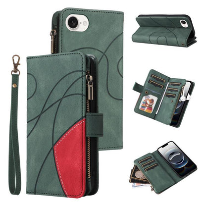 For iPhone 16e Dual-color 9 Card Slots Zipper Wallet Leather Phone Case(Green) by buy2fix