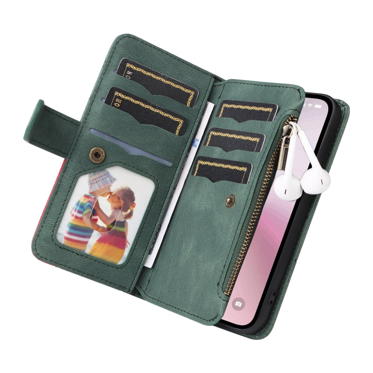 For iPhone 16e Dual-color 9 Card Slots Zipper Wallet Leather Phone Case(Green) by buy2fix