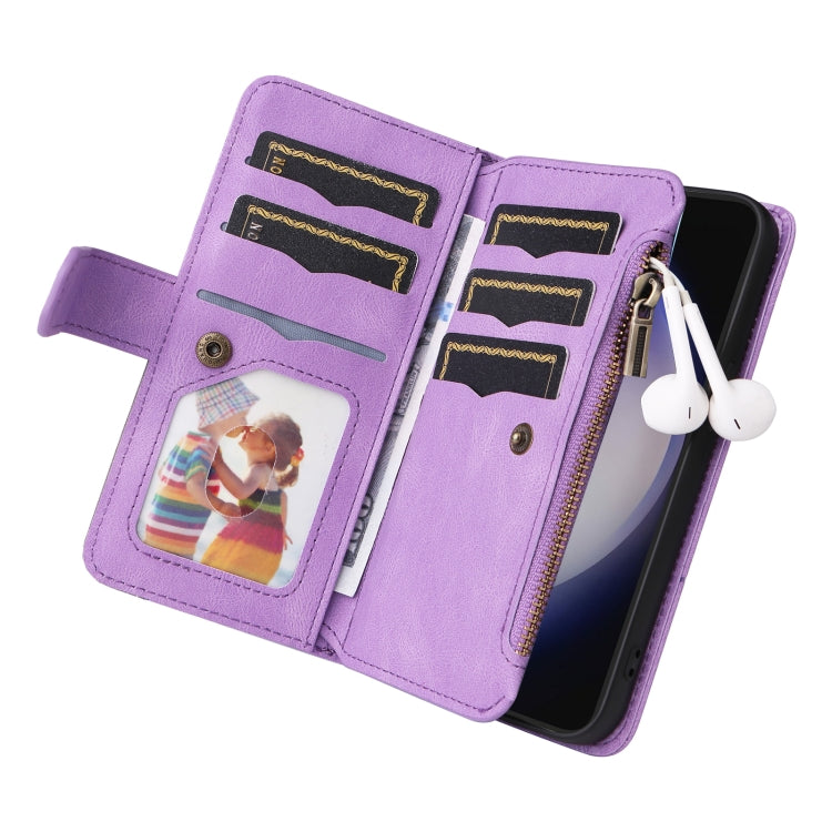 For Samsung Galaxy S25 / S24 5G Dual-color 9 Card Slots Zipper Wallet Leather Phone Case(Purple) by buy2fix