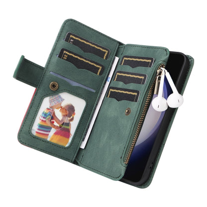 For Samsung Galaxy S25 / S24 5G Dual-color 9 Card Slots Zipper Wallet Leather Phone Case(Green) by buy2fix