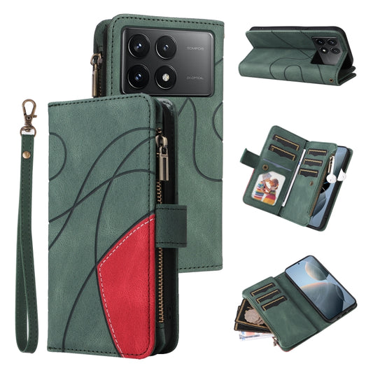 For Redmi K70 Dual-color 9 Card Slots Zipper Wallet Leather Phone Case(Green) - Xiaomi Cases by buy2fix | Online Shopping UK | buy2fix