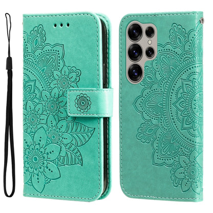 For Samsung Galaxy S25 Ultra 5G Seven-petal Flowers Embossing Leather Phone Case(Green) by buy2fix