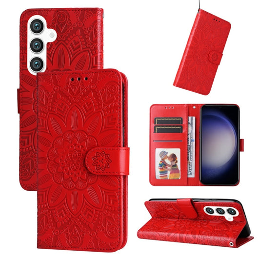 For Samsung Galaxy S25 5G Embossed Sunflower Leather Phone Case(Red) by buy2fix