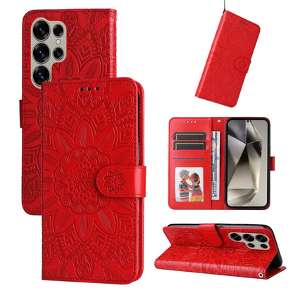 For Samsung Galaxy S25 Ultra 5G Embossed Sunflower Leather Phone Case(Red) by buy2fix