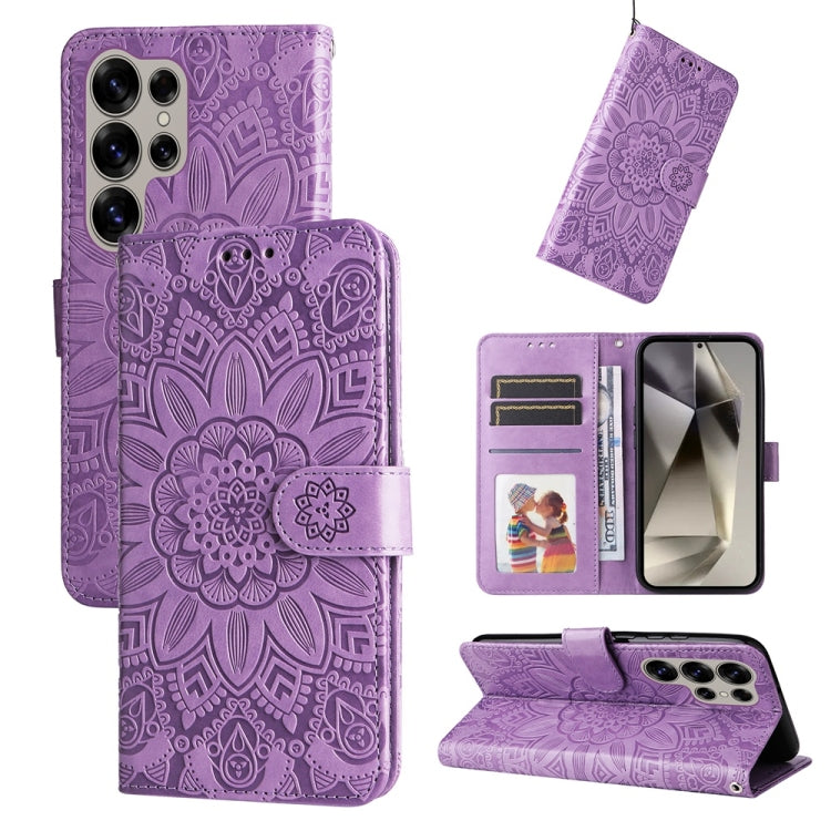 For Samsung Galaxy S25 Ultra 5G Embossed Sunflower Leather Phone Case(Purple) by buy2fix