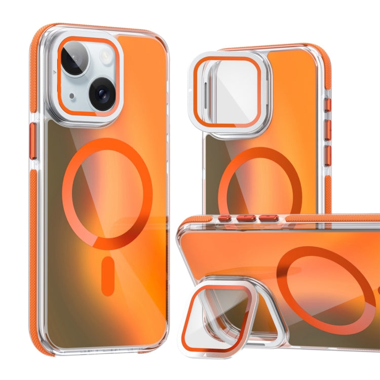 For iPhone 14 Plus MagSafe Gradient Color Lens Film Phone Case with Lens Fold Holder(Orange) - iPhone 14 Plus Cases by buy2fix | Online Shopping UK | buy2fix