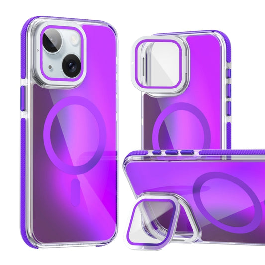 For iPhone 15 MagSafe Gradient Color Lens Film Phone Case with Lens Fold Holder(Purple) - iPhone 15 Cases by buy2fix | Online Shopping UK | buy2fix