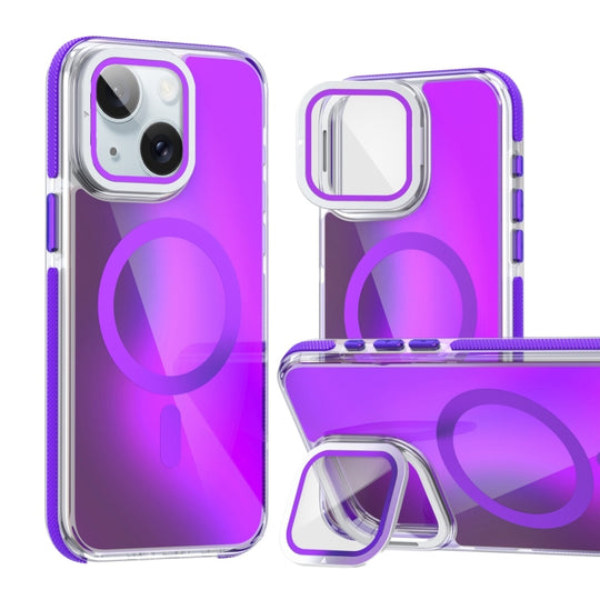For iPhone 15 MagSafe Gradient Color Lens Film Phone Case with Lens Fold Holder(Purple)
