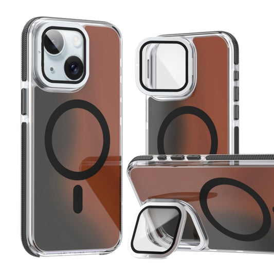 For iPhone 15 MagSafe Gradient Color Lens Film Phone Case with Lens Fold Holder(Black) - iPhone 15 Cases by buy2fix | Online Shopping UK | buy2fix