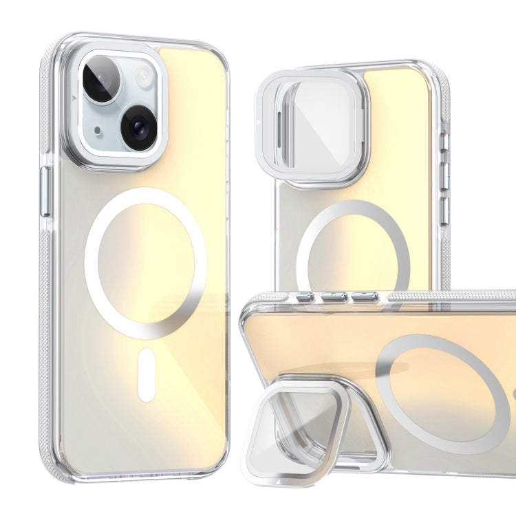 For iPhone 15 MagSafe Gradient Color Lens Film Phone Case with Lens Fold Holder(White) - iPhone 15 Cases by buy2fix | Online Shopping UK | buy2fix