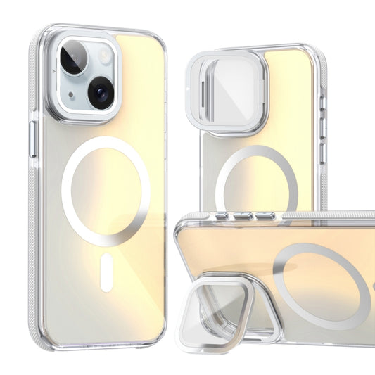 For iPhone 15 MagSafe Gradient Color Lens Film Phone Case with Lens Fold Holder(White) - iPhone 15 Cases by buy2fix | Online Shopping UK | buy2fix