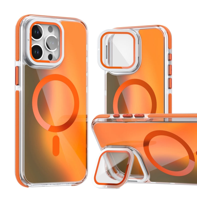 For iPhone 15 Pro MagSafe Gradient Color Lens Film Phone Case with Lens Fold Holder(Orange) - iPhone 15 Pro Cases by buy2fix | Online Shopping UK | buy2fix