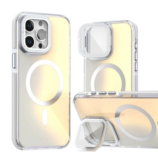 For iPhone 15 Pro Max MagSafe Gradient Color Lens Film Phone Case with Lens Fold Holder(White) - iPhone 15 Pro Max Cases by buy2fix | Online Shopping UK | buy2fix