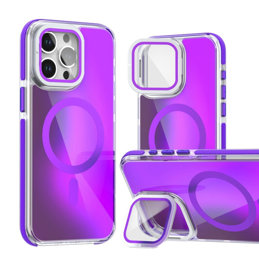 For iPhone 16 Pro MagSafe Gradient Color Lens Film Phone Case with Lens Fold Holder(Purple) by buy2fix
