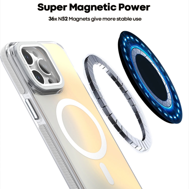 For iPhone 14 Plus MagSafe Gradient Color Lens Film Phone Case with Lens Fold Holder(Orange) - iPhone 14 Plus Cases by buy2fix | Online Shopping UK | buy2fix