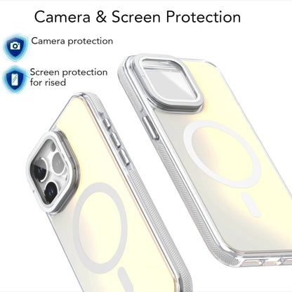 For iPhone 14 Plus MagSafe Gradient Color Lens Film Phone Case with Lens Fold Holder(Orange) - iPhone 14 Plus Cases by buy2fix | Online Shopping UK | buy2fix