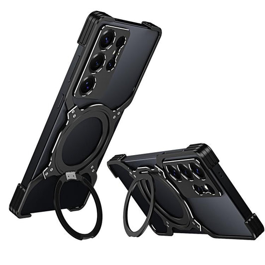 For Samsung Galaxy S25 Ultra 5G Mechanical Arm Borderless MagSafe Holder Metal Phone Case(Black Silver) - Galaxy S25 Ultra 5G Cases by buy2fix | Online Shopping UK | buy2fix