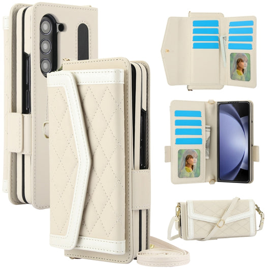 For Samsung Galaxy Z Fold5 Splicing Rhombic Texture Card Holder Phone Case with Lanyard, Not Included Pen(Beige) - Galaxy Z Fold5 Cases by buy2fix | Online Shopping UK | buy2fix