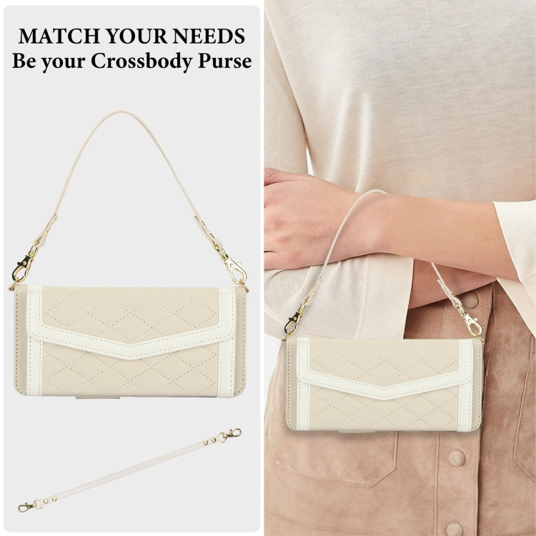 For Samsung Galaxy Z Fold5 Splicing Rhombic Texture Card Holder Phone Case with Lanyard, Not Included Pen(Beige) - Galaxy Z Fold5 Cases by buy2fix | Online Shopping UK | buy2fix