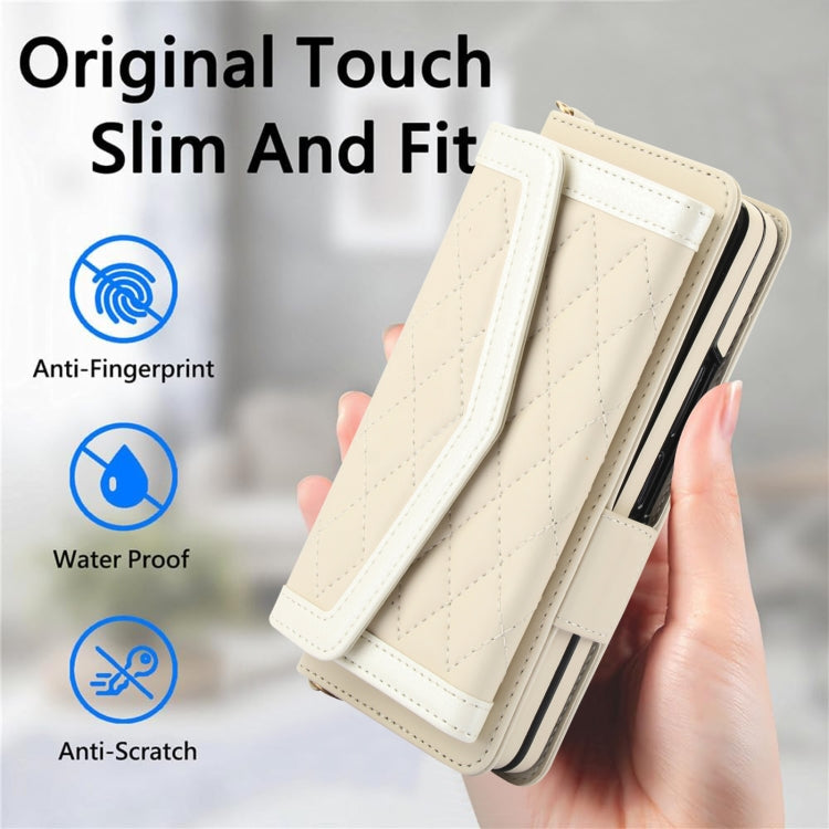 For Samsung Galaxy Z Fold5 Splicing Rhombic Texture Card Holder Phone Case with Lanyard, Not Included Pen(Beige) - Galaxy Z Fold5 Cases by buy2fix | Online Shopping UK | buy2fix