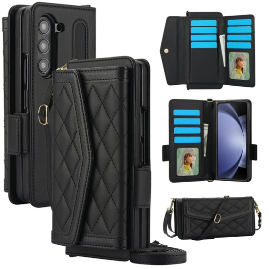 For Samsung Galaxy Z Fold5 Splicing Rhombic Texture Card Holder Phone Case with Lanyard, Not Included Pen(Black) - Galaxy Z Fold5 Cases by buy2fix | Online Shopping UK | buy2fix