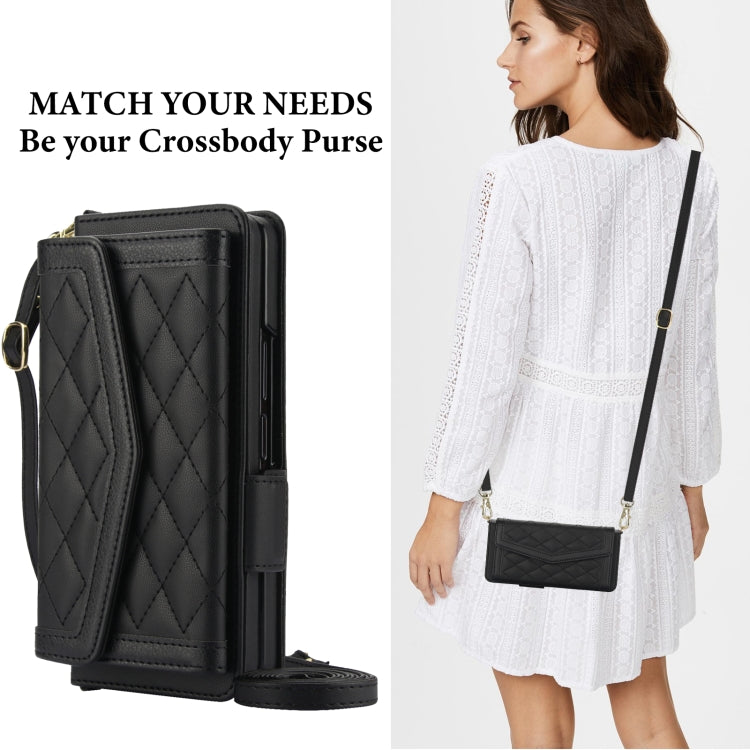 For Samsung Galaxy Z Fold5 Splicing Rhombic Texture Card Holder Phone Case with Lanyard, Not Included Pen(Black) - Galaxy Z Fold5 Cases by buy2fix | Online Shopping UK | buy2fix