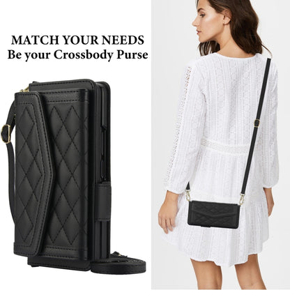 For Samsung Galaxy Z Fold5 Splicing Rhombic Texture Card Holder Phone Case with Lanyard, Not Included Pen(Black) - Galaxy Z Fold5 Cases by buy2fix | Online Shopping UK | buy2fix