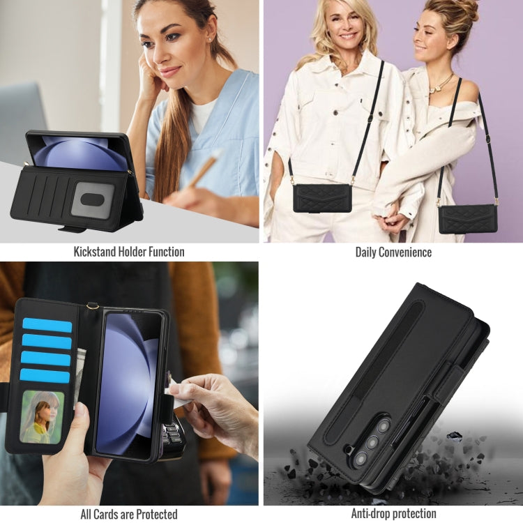 For Samsung Galaxy Z Fold5 Splicing Rhombic Texture Card Holder Phone Case with Lanyard, Not Included Pen(Black) - Galaxy Z Fold5 Cases by buy2fix | Online Shopping UK | buy2fix