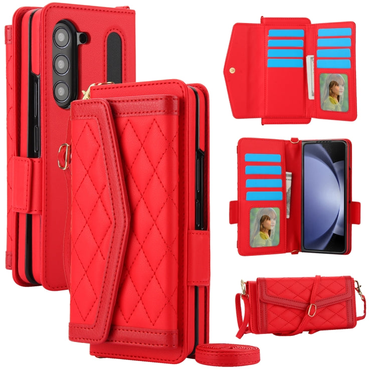 For Samsung Galaxy Z Fold5 Splicing Rhombic Texture Card Holder Phone Case with Lanyard, Not Included Pen(Red) - Galaxy Z Fold5 Cases by buy2fix | Online Shopping UK | buy2fix