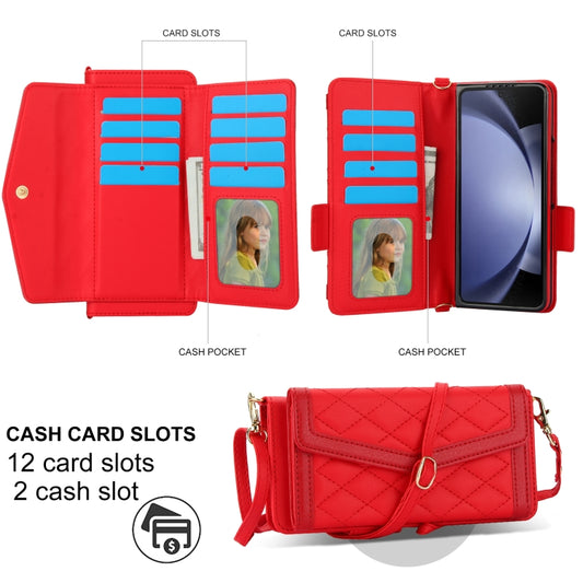 For Samsung Galaxy Z Fold5 Splicing Rhombic Texture Card Holder Phone Case with Lanyard, Not Included Pen(Red) - Galaxy Z Fold5 Cases by buy2fix | Online Shopping UK | buy2fix