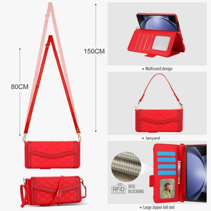 For Samsung Galaxy Z Fold5 Splicing Rhombic Texture Card Holder Phone Case with Lanyard, Not Included Pen(Red) - Galaxy Z Fold5 Cases by buy2fix | Online Shopping UK | buy2fix