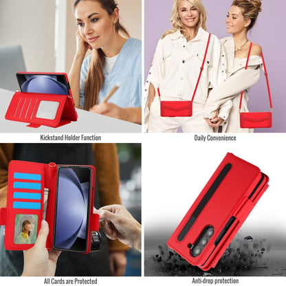 For Samsung Galaxy Z Fold5 Splicing Rhombic Texture Card Holder Phone Case with Lanyard, Not Included Pen(Red) - Galaxy Z Fold5 Cases by buy2fix | Online Shopping UK | buy2fix