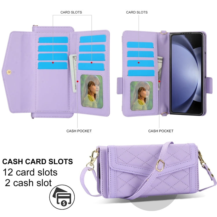 For Samsung Galaxy Z Fold5 Splicing Rhombic Texture Card Holder Phone Case with Lanyard, Not Included Pen(Purple) - Galaxy Z Fold5 Cases by buy2fix | Online Shopping UK | buy2fix