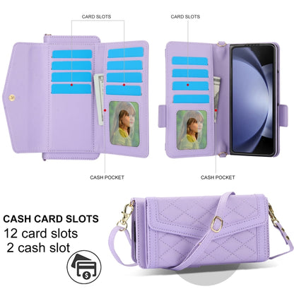 For Samsung Galaxy Z Fold5 Splicing Rhombic Texture Card Holder Phone Case with Lanyard, Not Included Pen(Purple) - Galaxy Z Fold5 Cases by buy2fix | Online Shopping UK | buy2fix