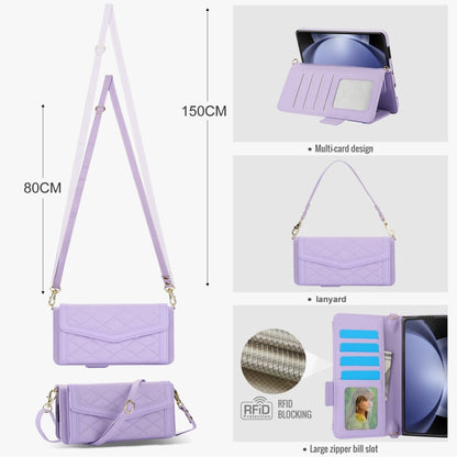 For Samsung Galaxy Z Fold5 Splicing Rhombic Texture Card Holder Phone Case with Lanyard, Not Included Pen(Purple) - Galaxy Z Fold5 Cases by buy2fix | Online Shopping UK | buy2fix