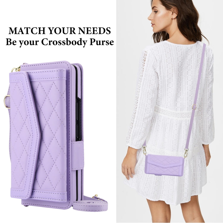 For Samsung Galaxy Z Fold5 Splicing Rhombic Texture Card Holder Phone Case with Lanyard, Not Included Pen(Purple) - Galaxy Z Fold5 Cases by buy2fix | Online Shopping UK | buy2fix