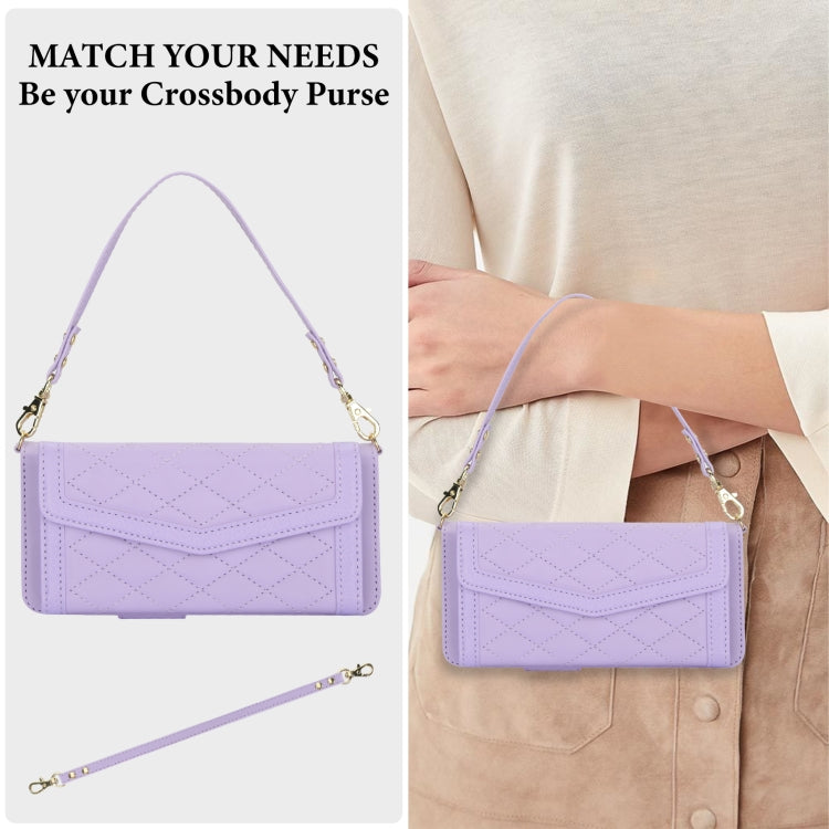 For Samsung Galaxy Z Fold5 Splicing Rhombic Texture Card Holder Phone Case with Lanyard, Not Included Pen(Purple) - Galaxy Z Fold5 Cases by buy2fix | Online Shopping UK | buy2fix